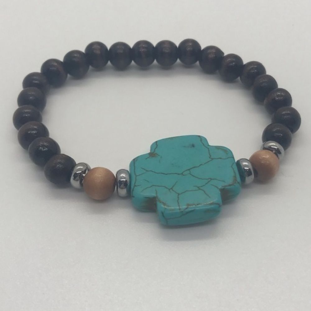 New Wood Beads Bracelet with‎ Howlite Turquoise Cross
